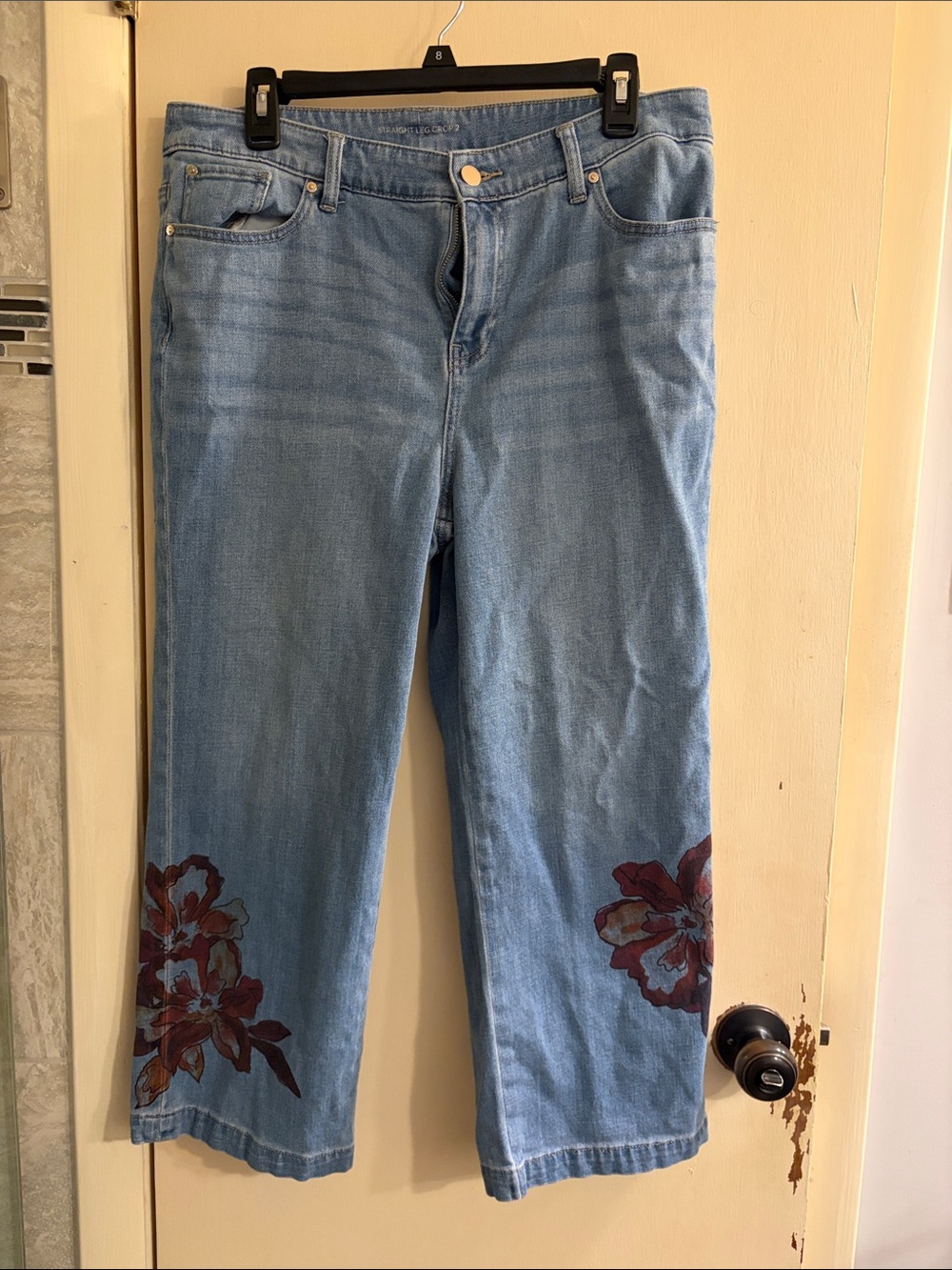 Chico's Light Blue Cropped Wide-Leg Jeans with Burgundy Floral Appliqué